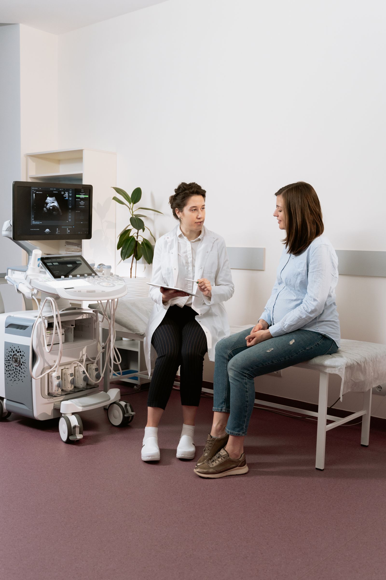 Clinician and pregnant person discussing a prenatal scan